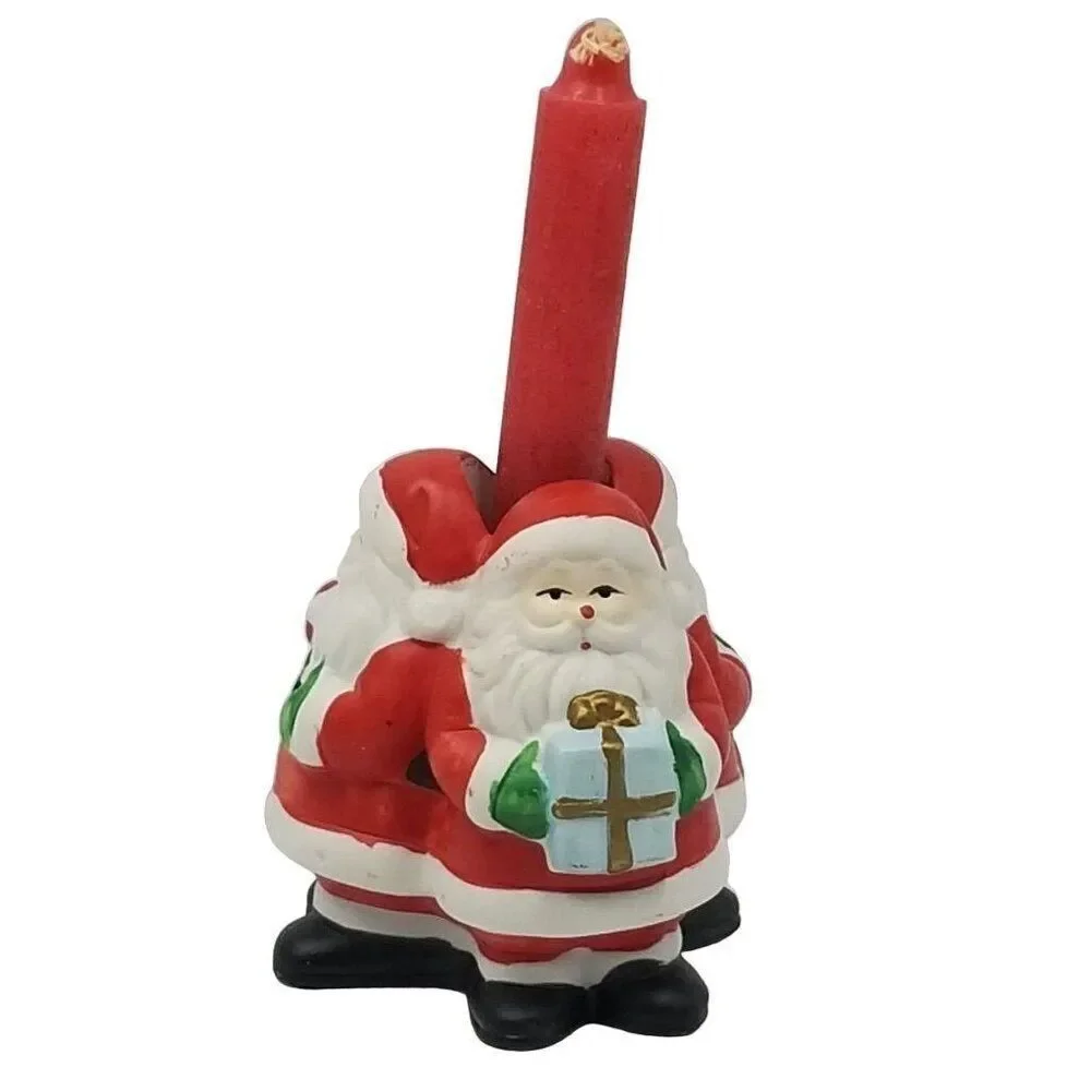 Vintage 90s Holiday Christmas Santa Claus Trio Candle Holder Table Decor